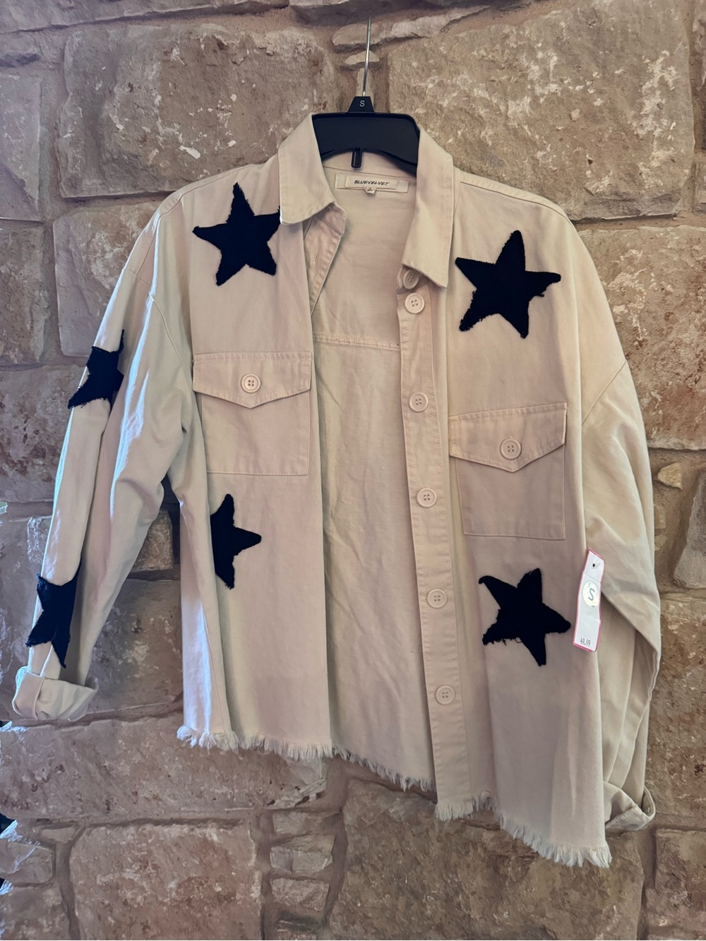 Star Patch Button-Front Shacket in Beige with Black Stars
